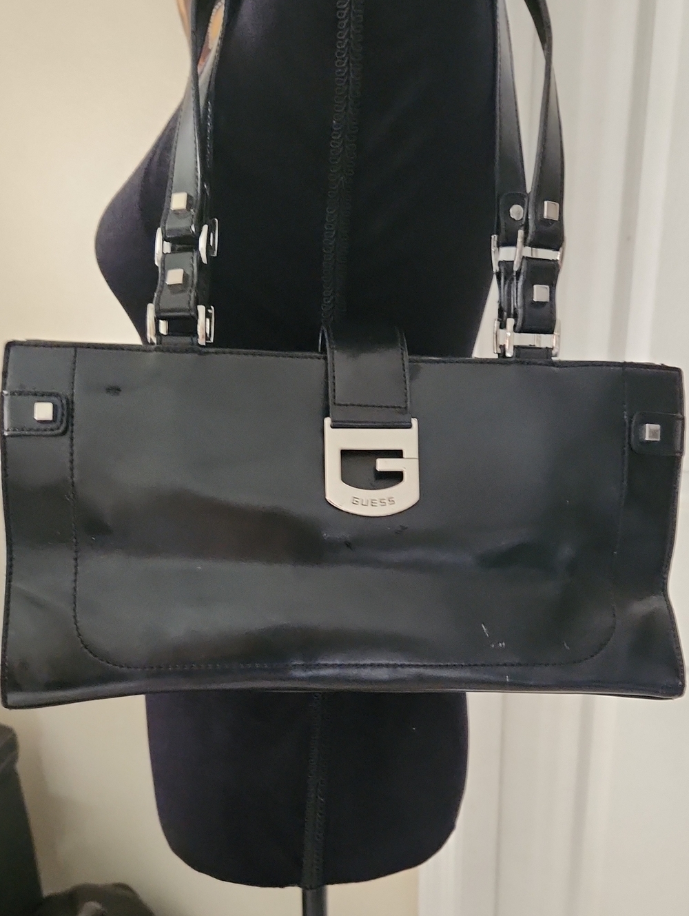 Guess Black Patent Shoulder Bag with Silver Hardware
